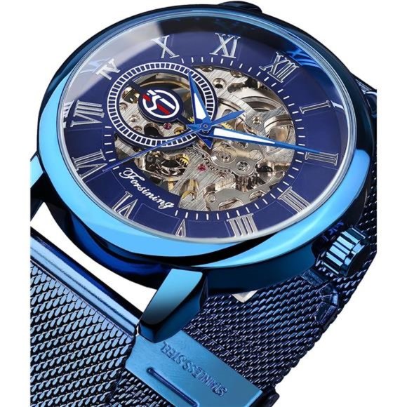Men's Skeleton Watch Steampunk Watch Mechanical Watch for Men Minimalist, Blue - Picture 3 of 7